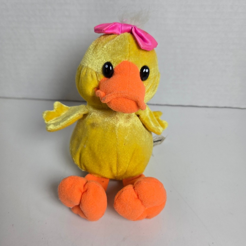 Stuffins 1998 Velvet Duck Plush Stuffed Animal Pink Bow 7" Vintage